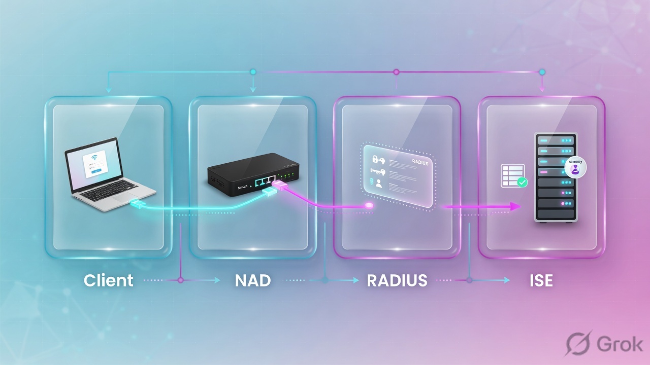 Teaches: Client to NAD to RADIUS to ISE — each station has a different proof tool