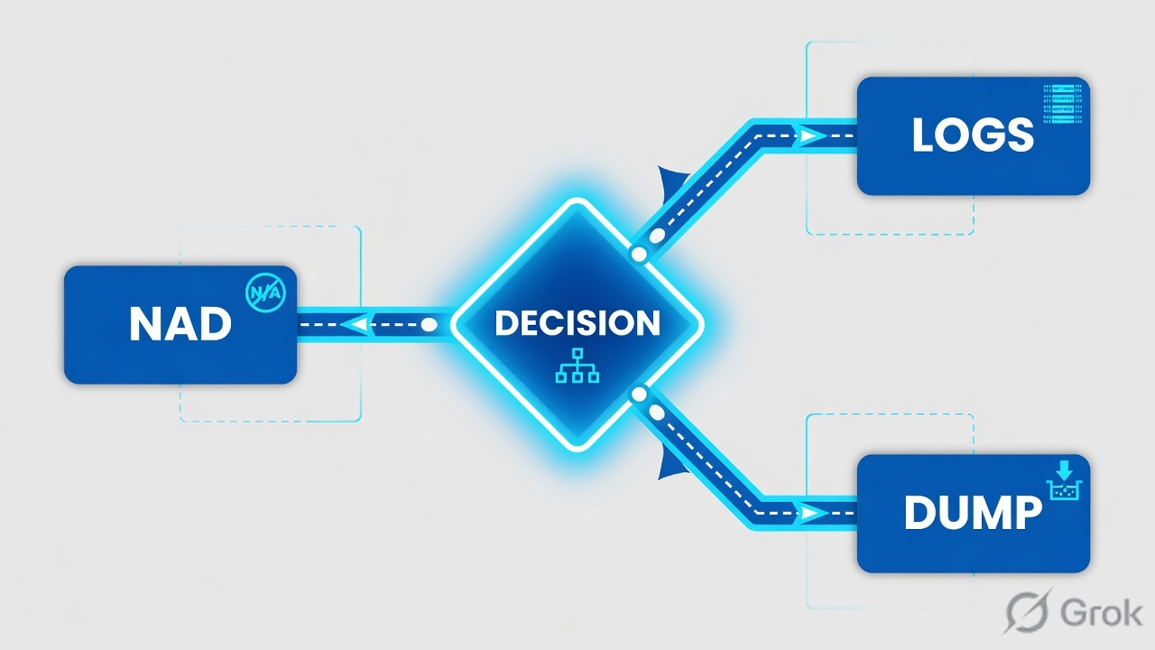 Teaches: a decision diamond splits Live Logs, TCP Dump and NAD show auth session before you open a tool