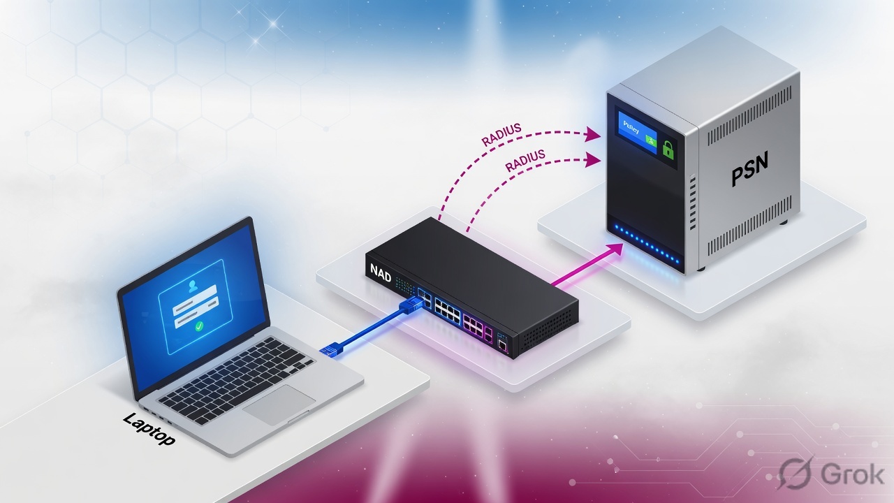 Teaches: laptop talks to the NAD, NAD talks RADIUS to the PSN