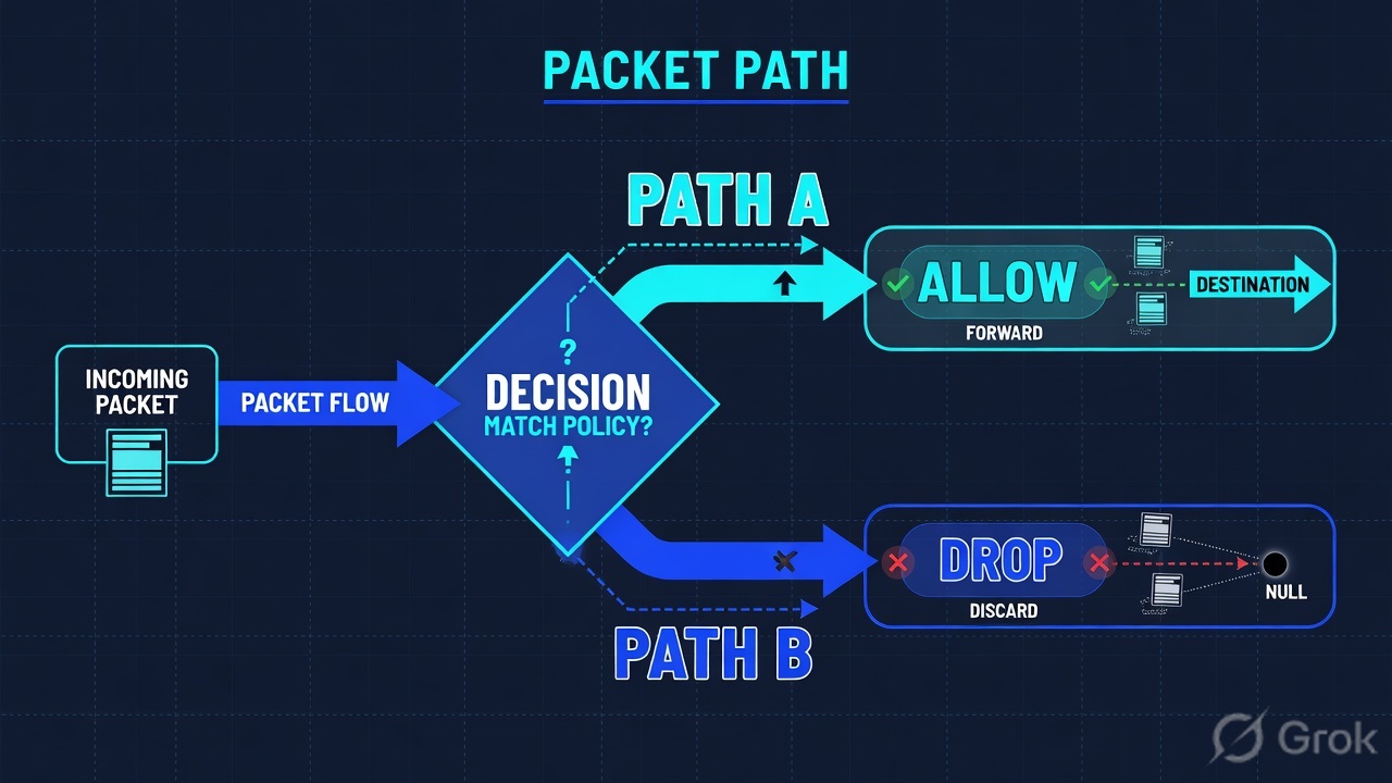 Teaches: the session-exists diamond splits first-packet processing from later-packet fast path