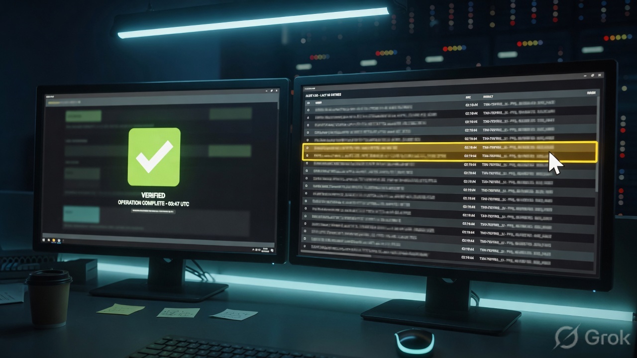 Teaches: night-shift desk closes on a named Event log row and a green verified stamp, not a screenshot of a spinning app