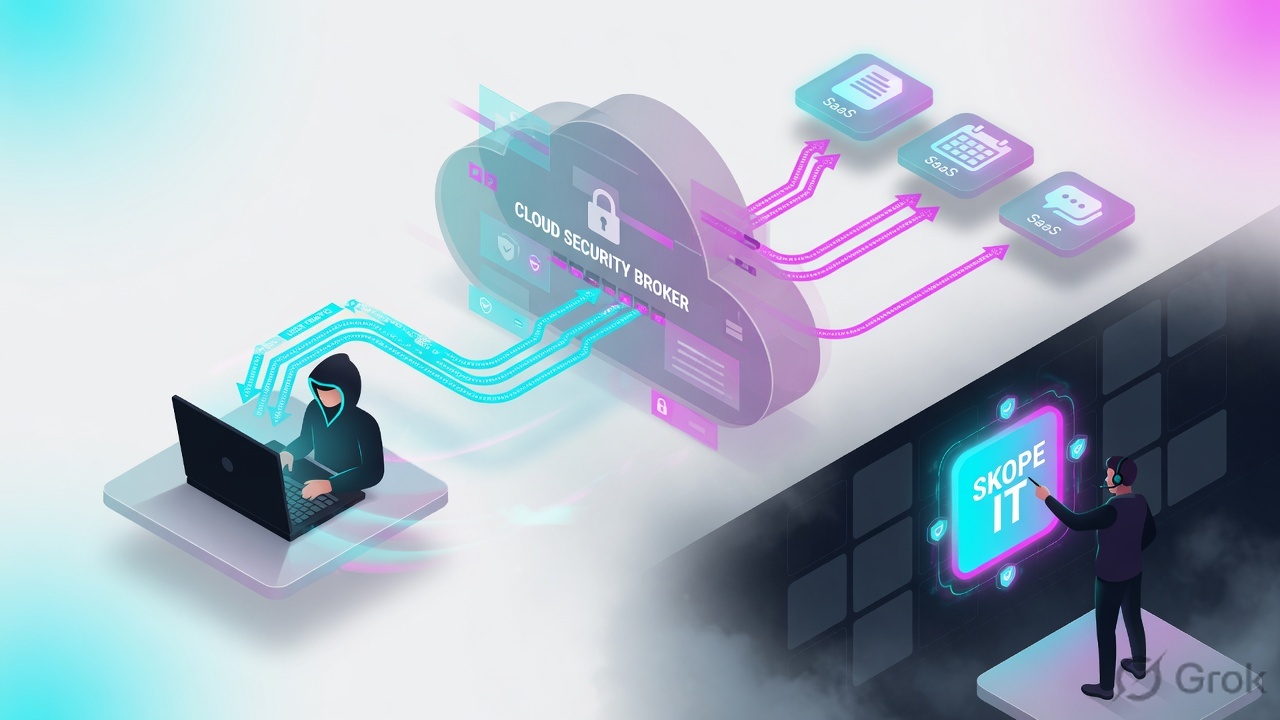 Night-shift operations desk with a Skope IT tile and five proof paths through a cloud security broker