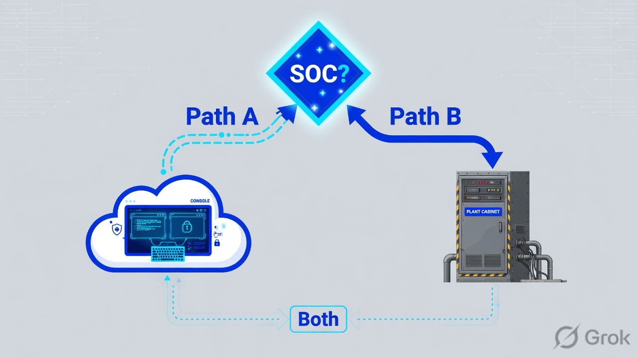 Decision diamond splitting a Microsoft-first SOC path from an air-gap ICS path, rejoining at both