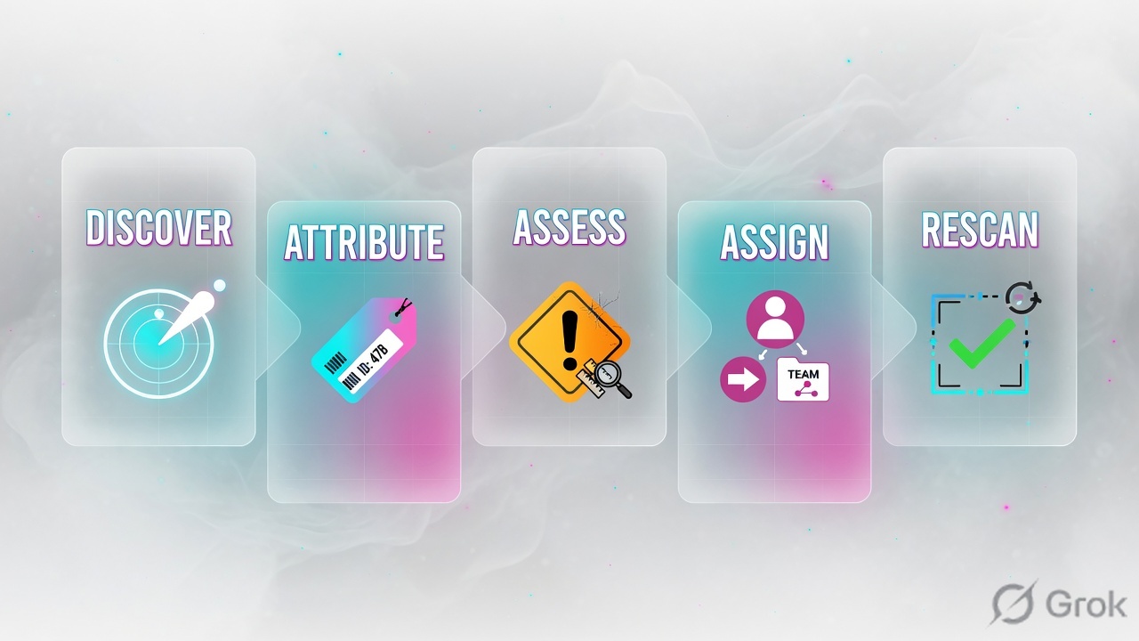 Five glass panels labeled Discover, Attribute, Assess, Assign, Rescan