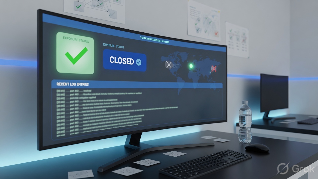Operations desk with a monitor showing green closure checks after an exposure rescan
