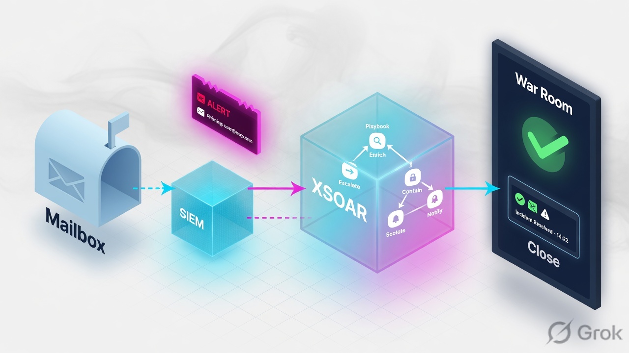Mailbox and SIEM feeding an XSOAR orchestrator cube, then a War Room close panel