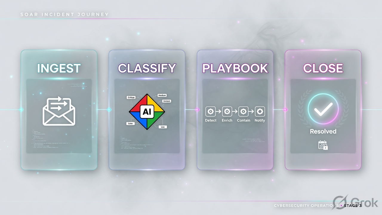 Four glass panels labeled Ingest, Classify, Playbook, Close