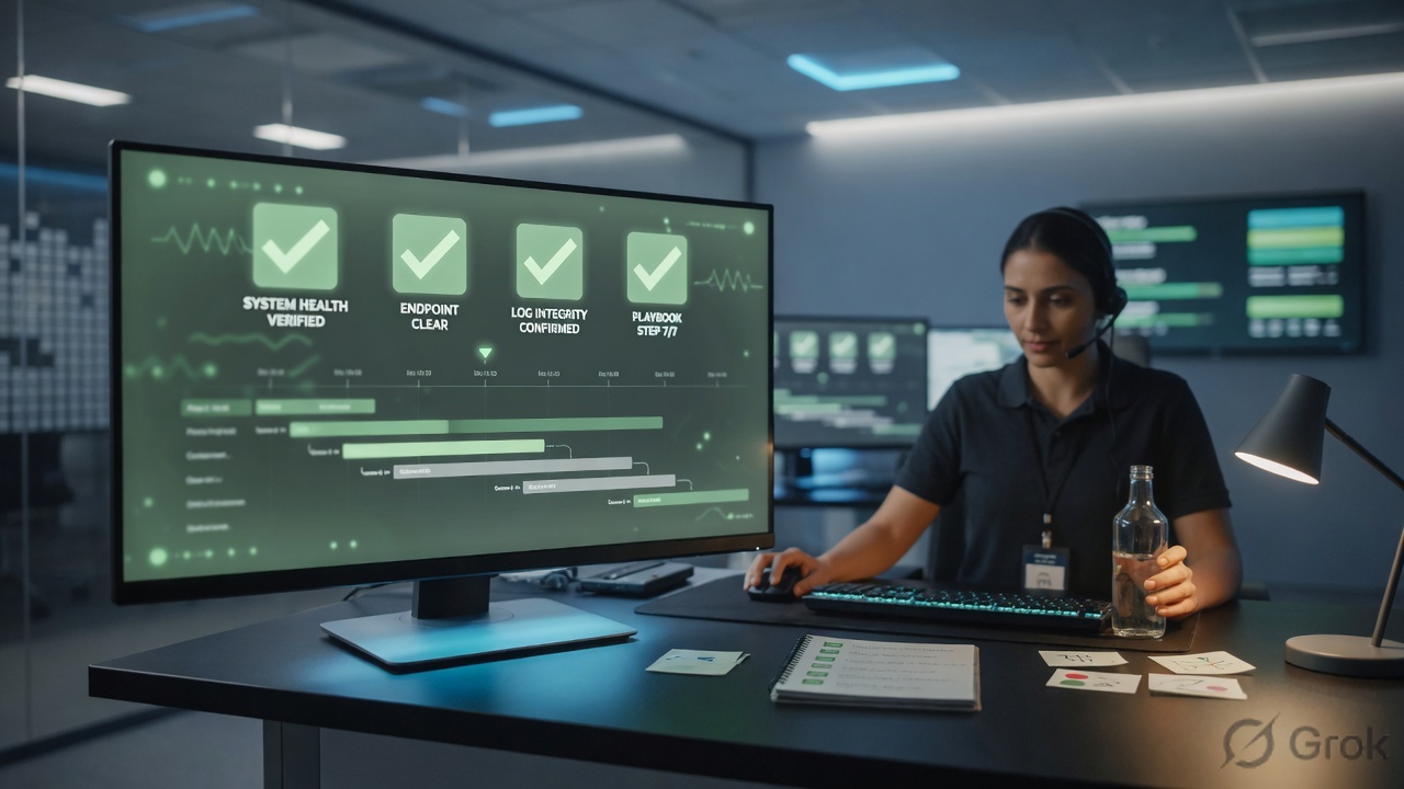 Analyst at a SOC desk reviewing a playbook completion checklist on a large monitor