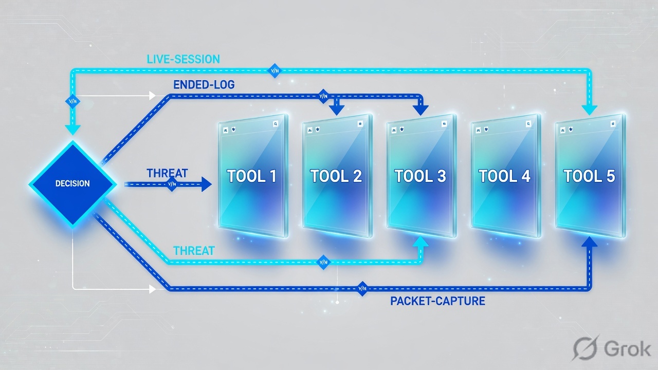 Teaches: a decision diamond splits live-session, ended-log, threat and packet-capture before you open a tool