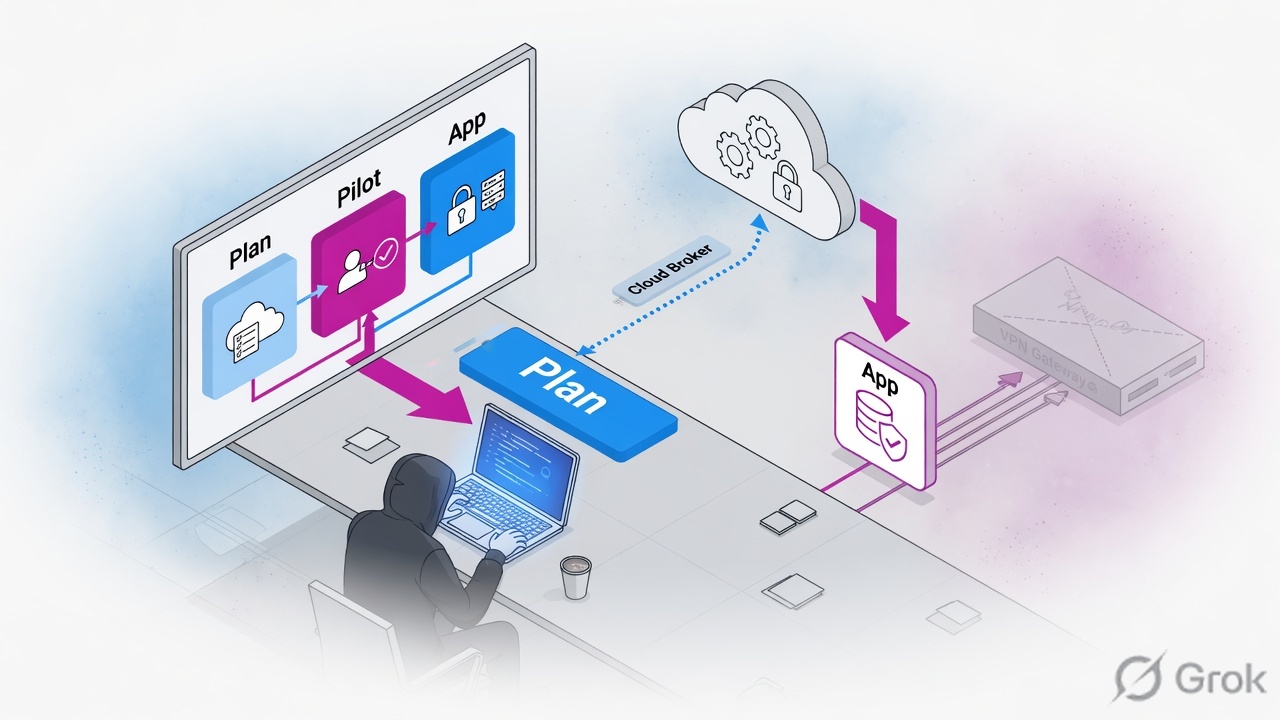 War-room plan connecting a user through a broker to one app, with the old VPN gateway unused