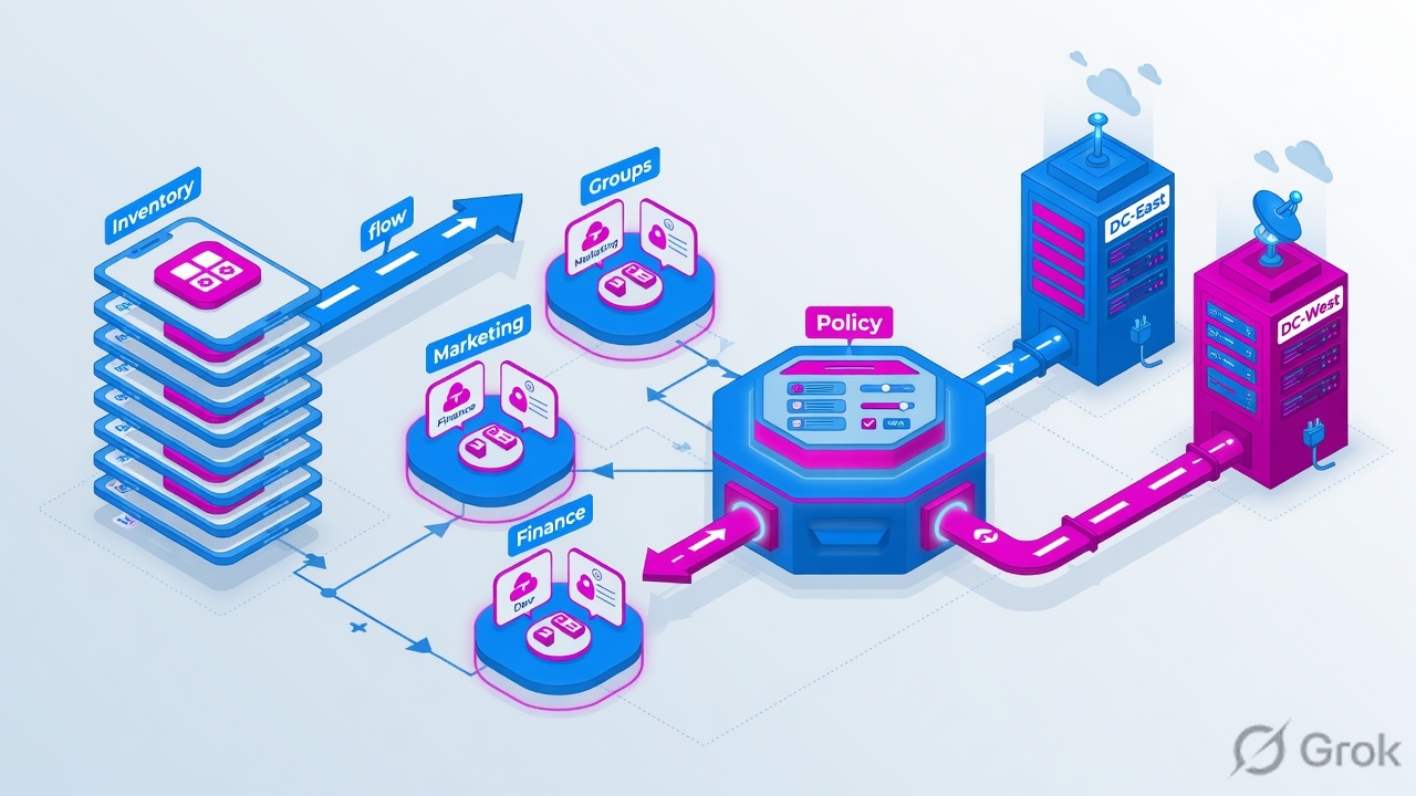 Pipeline of inventory cards flowing into identity groups and a policy engine