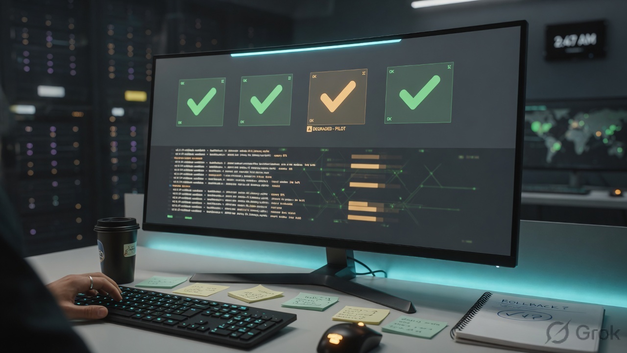Operations desk with abstract health checks for a rollback decision