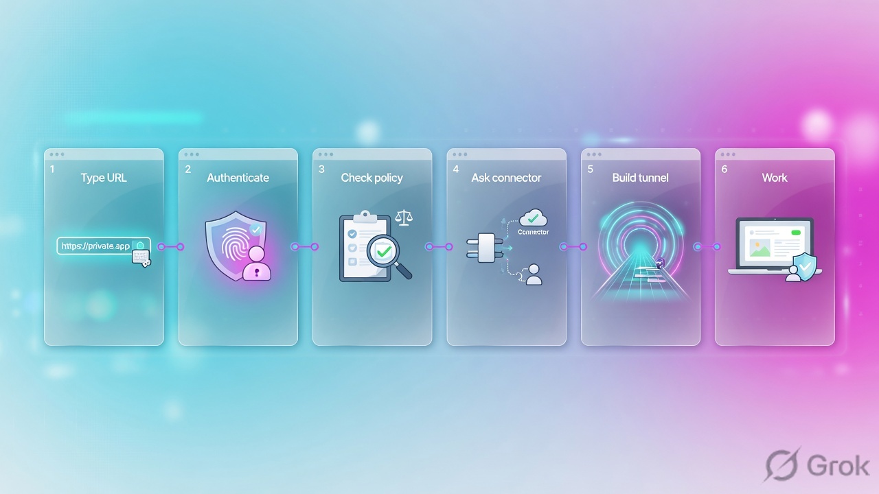 Six glass panels for type URL, authenticate, check policy, ask connector, build tunnel, work
