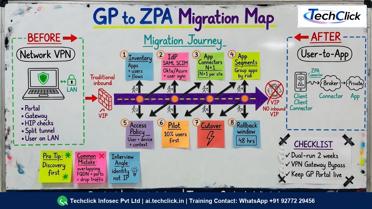 Whiteboard infographic of GlobalProtect to ZPA migration: before network VPN, eight-step journey, after user-to-app, plus dual-run checklist