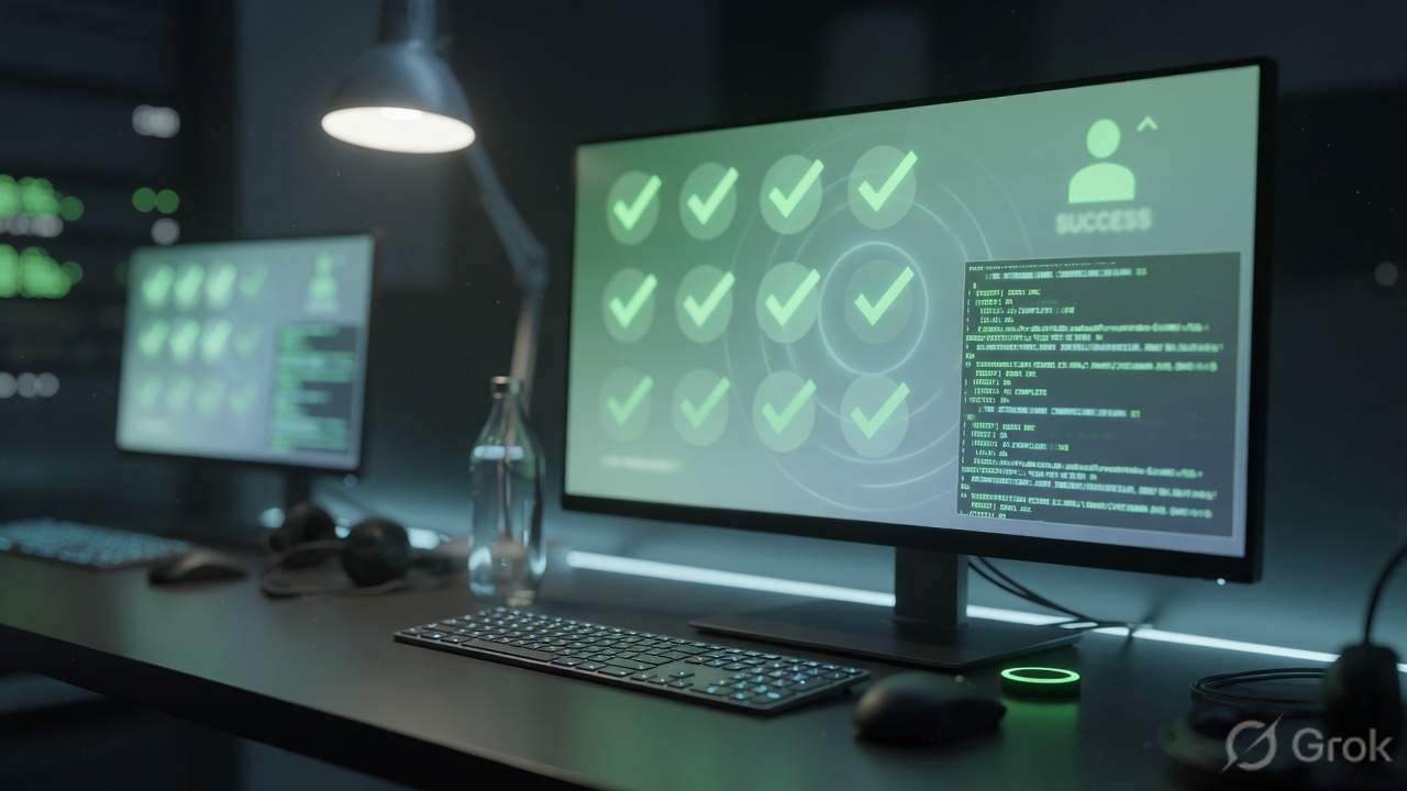 Operations desk with a monitor showing abstract green health checks