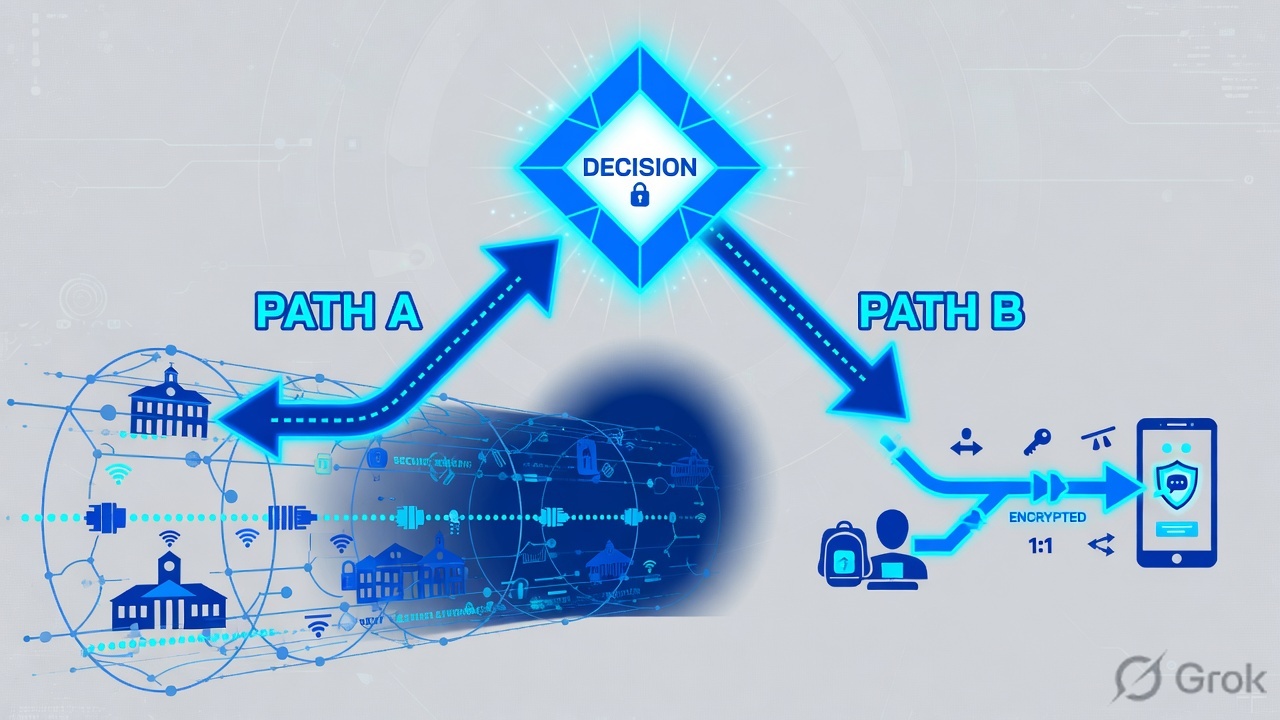 Decision diamond splitting into a network-tunnel path and a user-to-app path