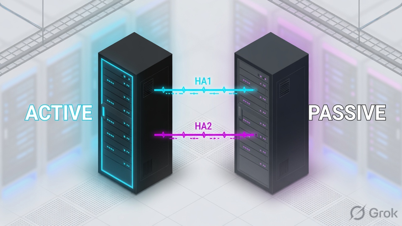 Two NGFWs in a pair: one active forwarding, one passive mirroring state over HA cables