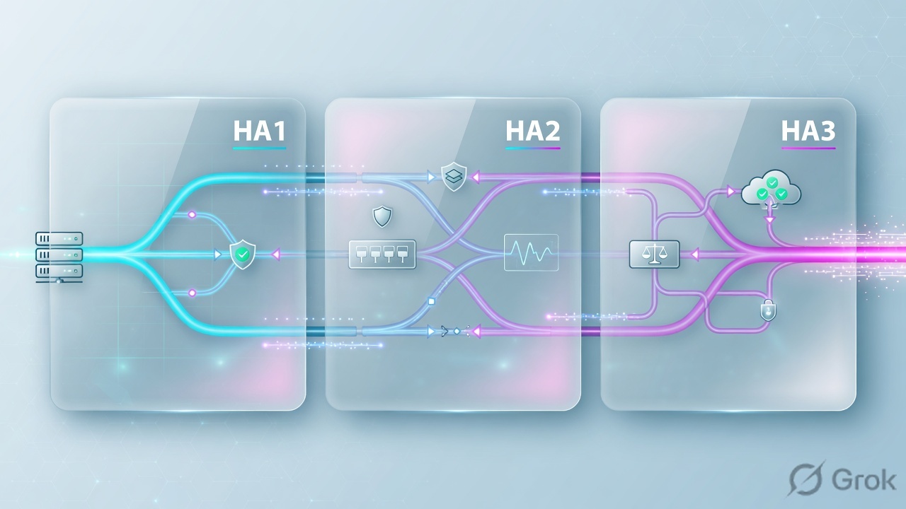 Three glass panels labeled HA1 HA2 HA3 for control, state sync, and packet forwarding