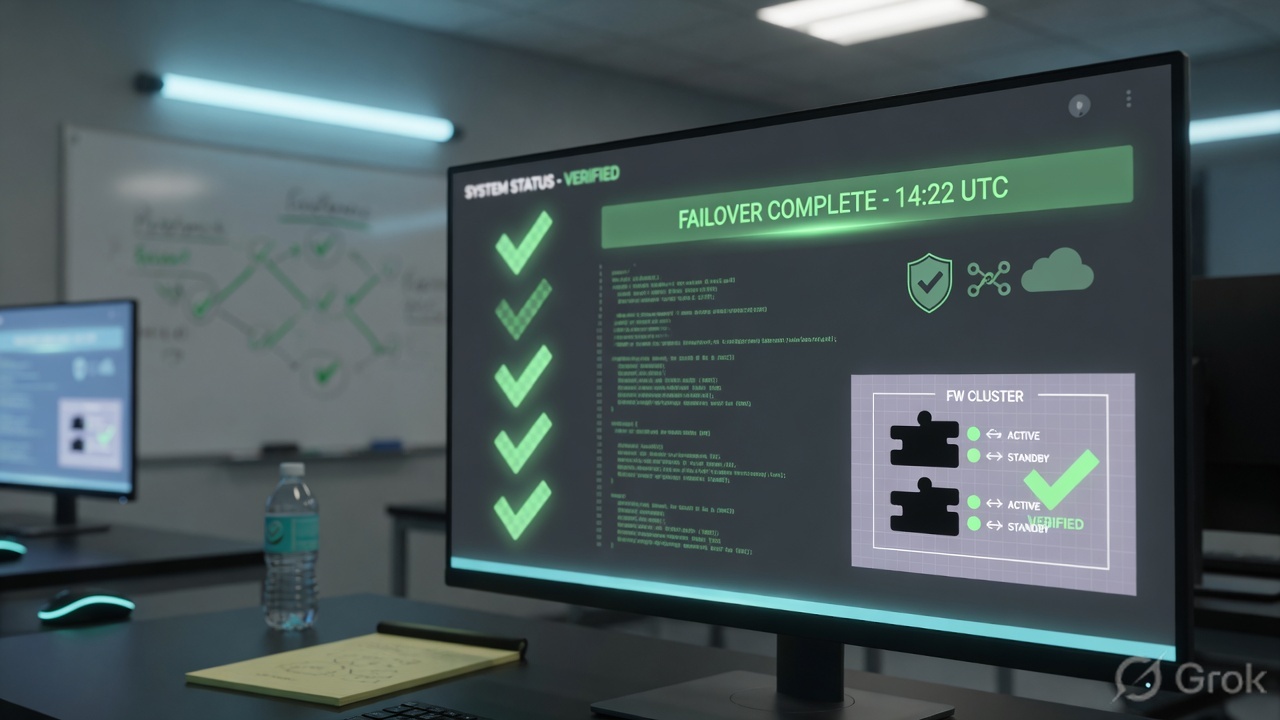Operations desk with a monitor showing health checks used to prove HA failover