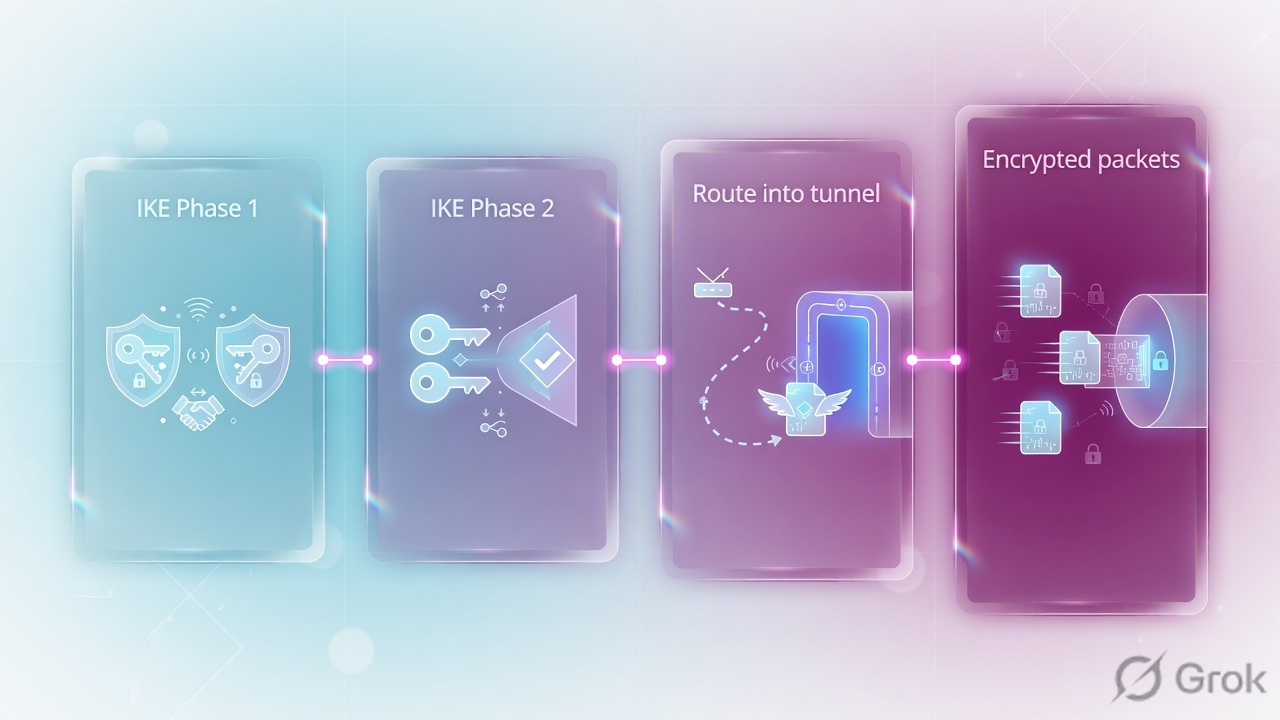 Four stations: IKE Phase 1, IKE Phase 2, route into tunnel, encrypted packets