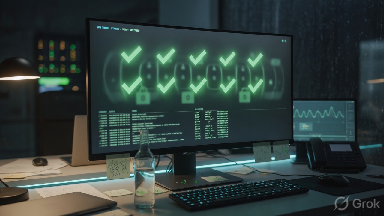 Operations desk with a monitor showing abstract green health checks