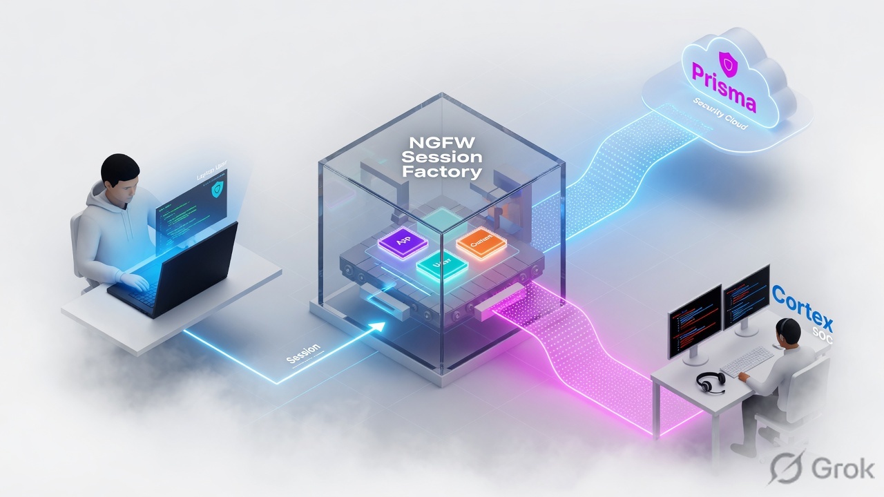 User traffic entering a session factory, then splitting toward a cloud security path and a SOC desk