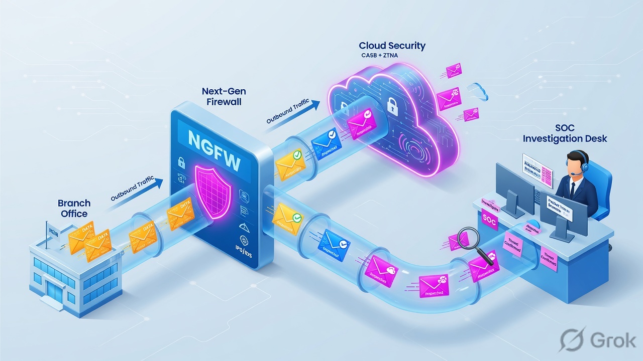 Packets flowing from a branch through a firewall and cloud node to a SOC desk