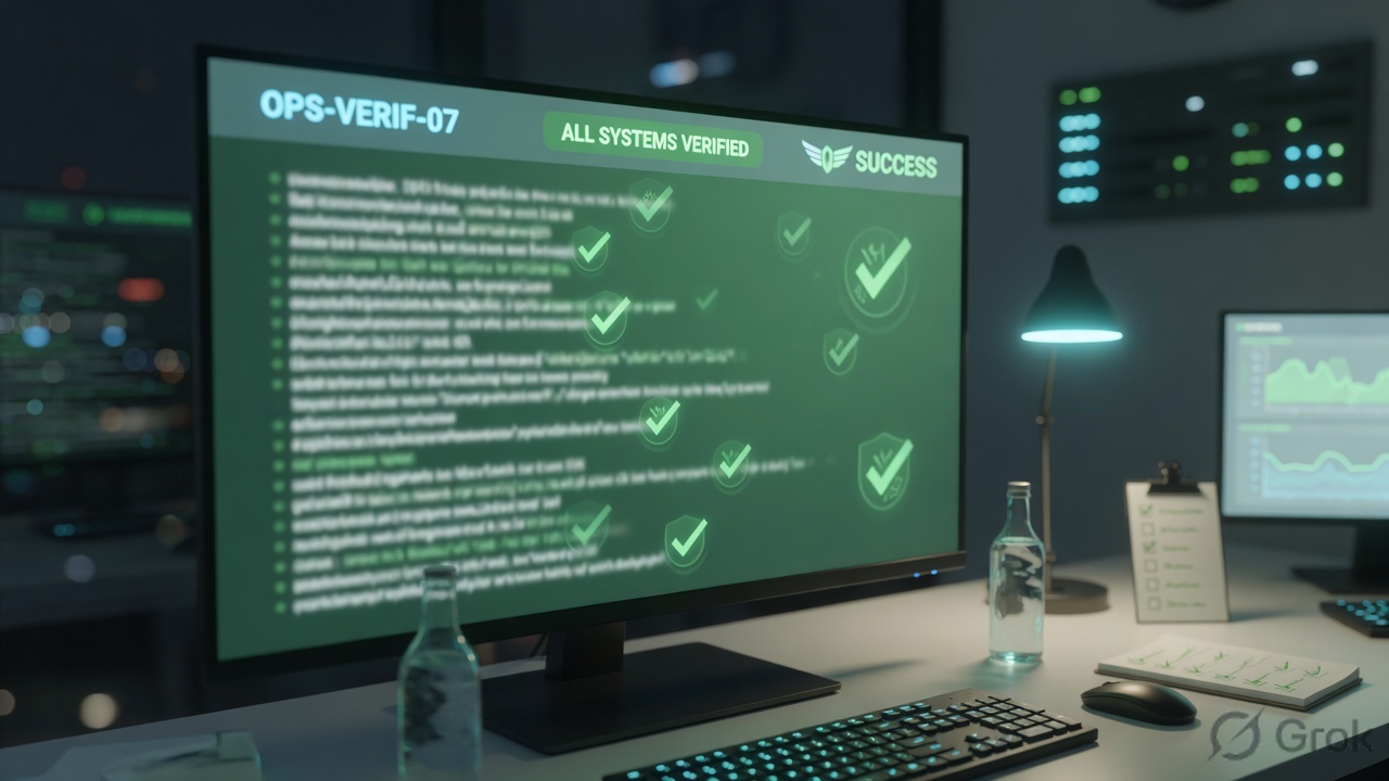 Operations desk with a monitor showing abstract health checks