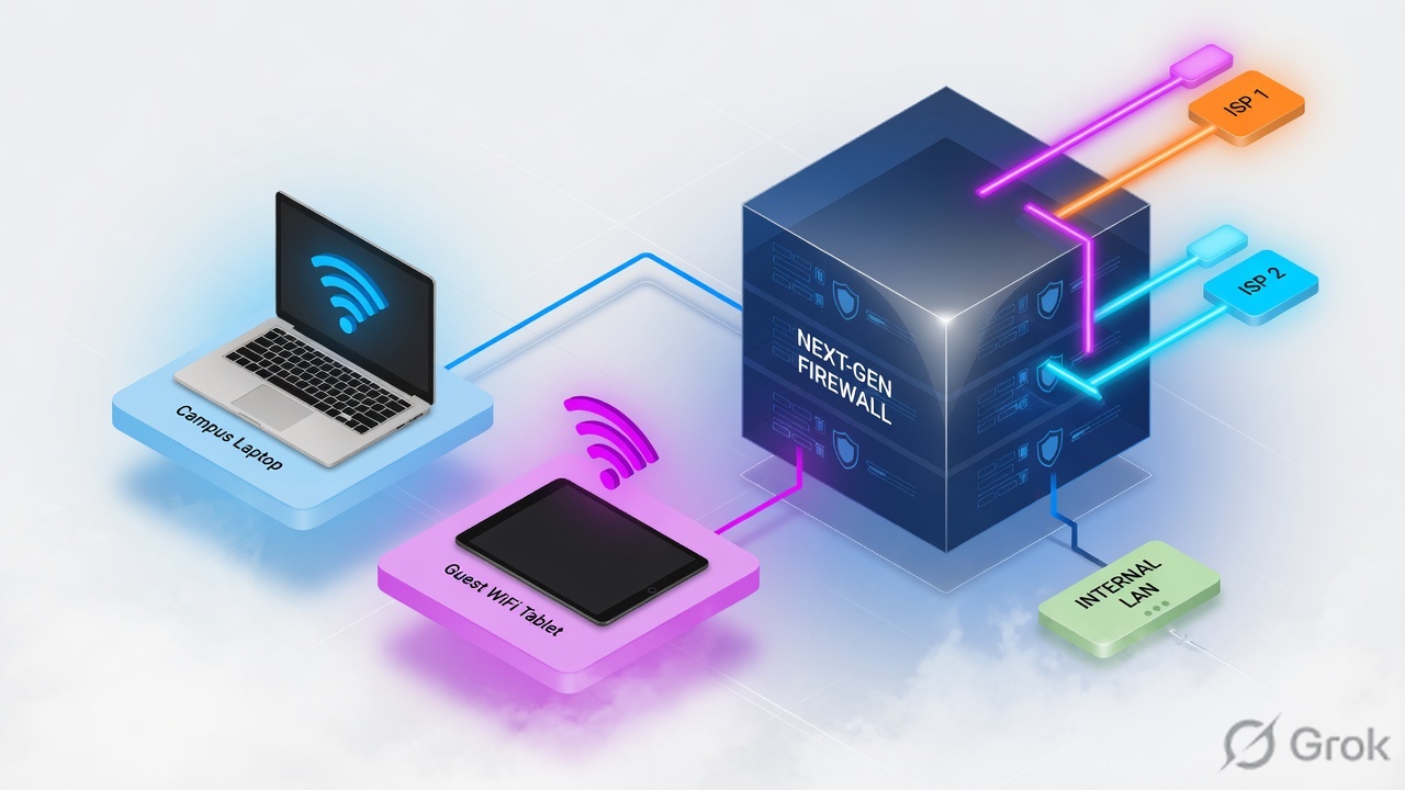 Campus laptop and guest WiFi tablet into one NGFW with two ISP uplinks and an internal LAN