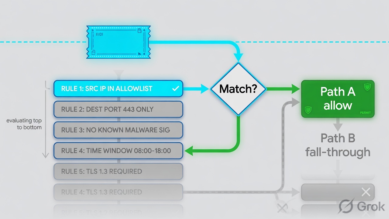 Trust laptop to NGFW first-match rule stack to Untrust