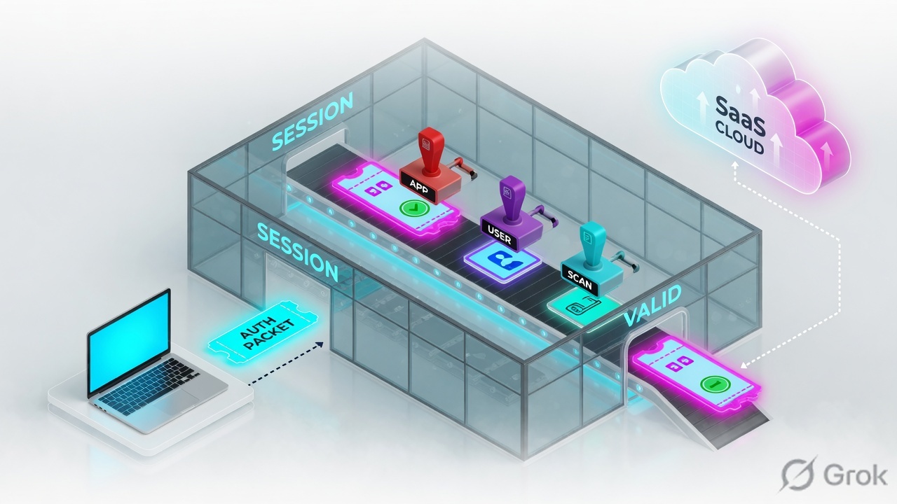 Teaches: a user request becomes a session ticket that walks the factory and receives stamps before it reaches SaaS
