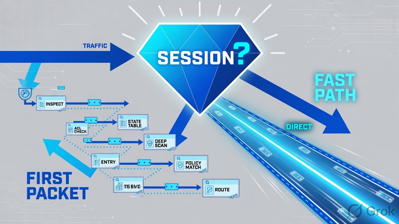 Teaches: a session-exists diamond splits first-packet setup from later-packet fast path