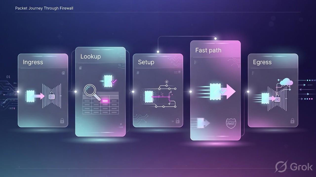 Five glass panels: Ingress, Lookup, Setup, Fast path, Egress