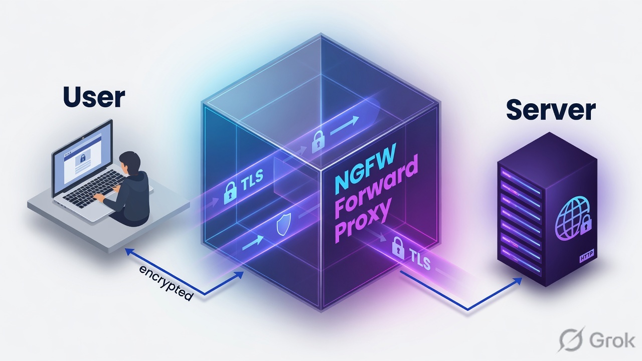 User laptop through NGFW Forward Proxy to internet server