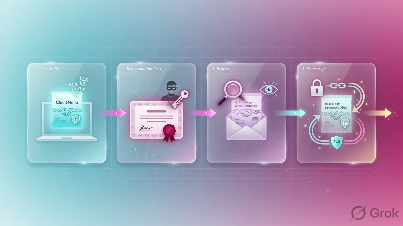 Four panels: Client Hello, impersonation cert, inspect, re-encrypt