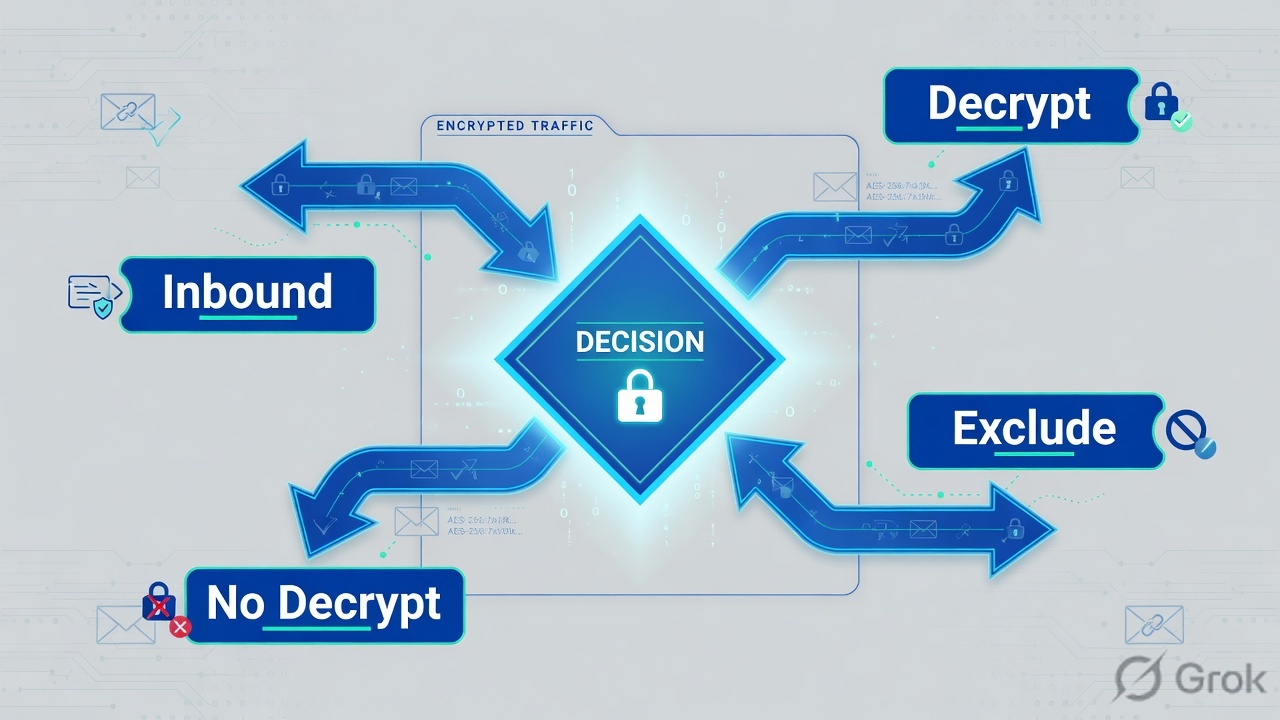 Decision diamond splitting traffic into decrypt, inbound, no-decrypt, exclude
