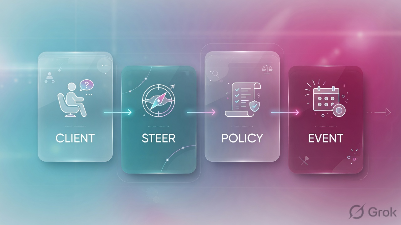 Teaches: client traffic is steered, then matched to policy, then written as an event — pick the rung that matches that stage