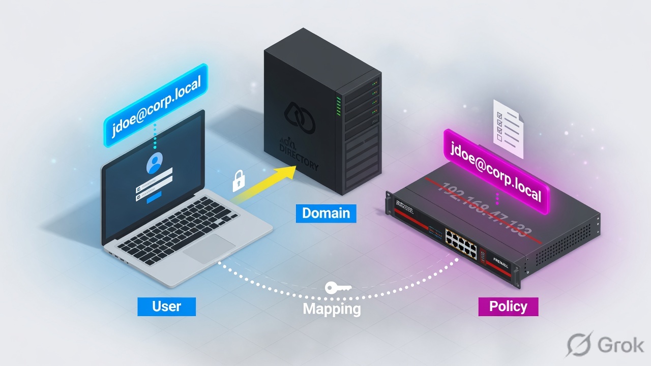 User identity flowing from a laptop through a domain controller into firewall policy