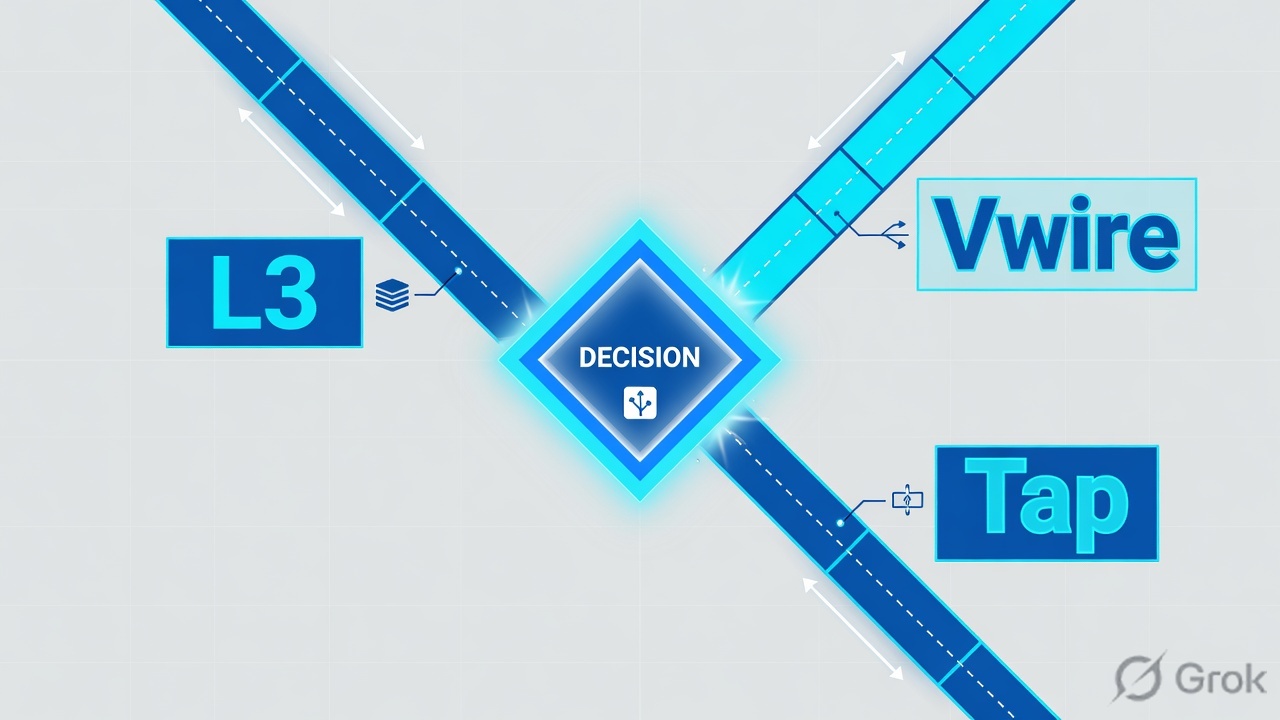 Decision diamond splitting traffic into L3, Vwire, and Tap paths