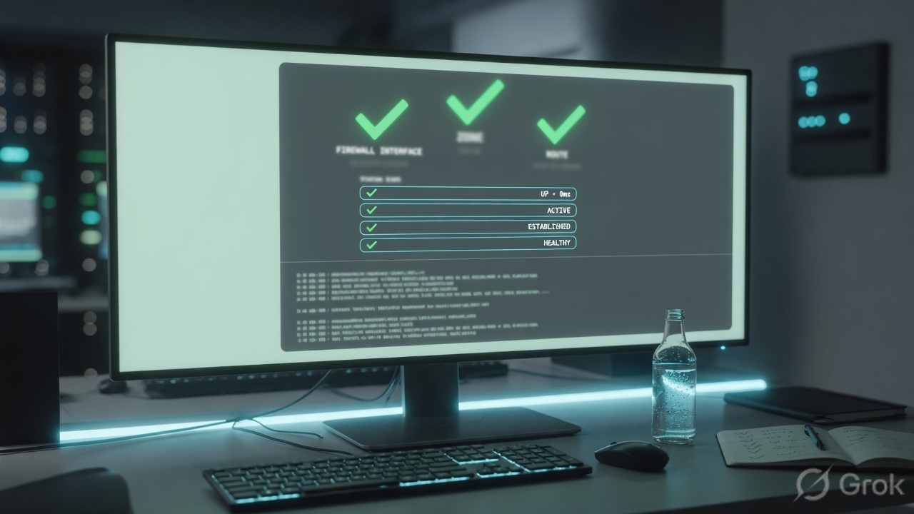 Operations desk monitor with green checks for firewall interface, zone, and route