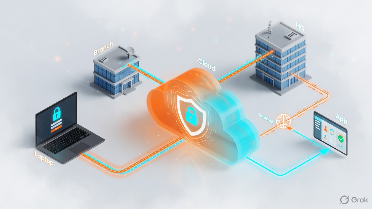 Laptop, branch, and HQ connecting through a security cloud to internet and a private app