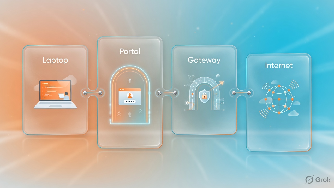 Four glass panels: laptop, portal, gateway, internet