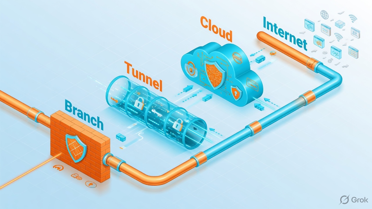 Branch firewall, tunnel, cloud, internet as a pipeline
