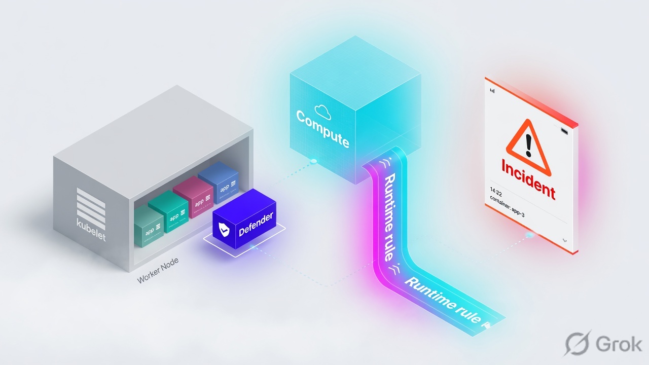 Kubernetes worker node with a Defender container beside app cubes, Compute console pushing a runtime rule, incident card on the right