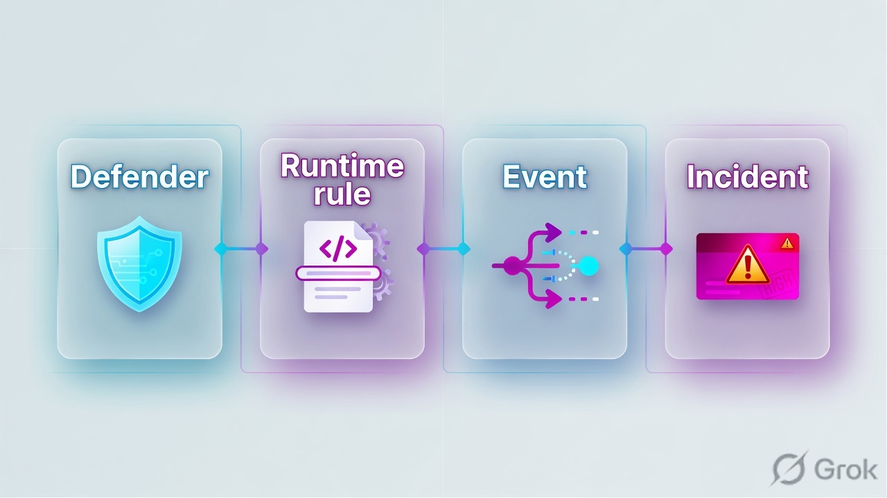 Four glass panels labeled Defender, Runtime rule, Event, Incident