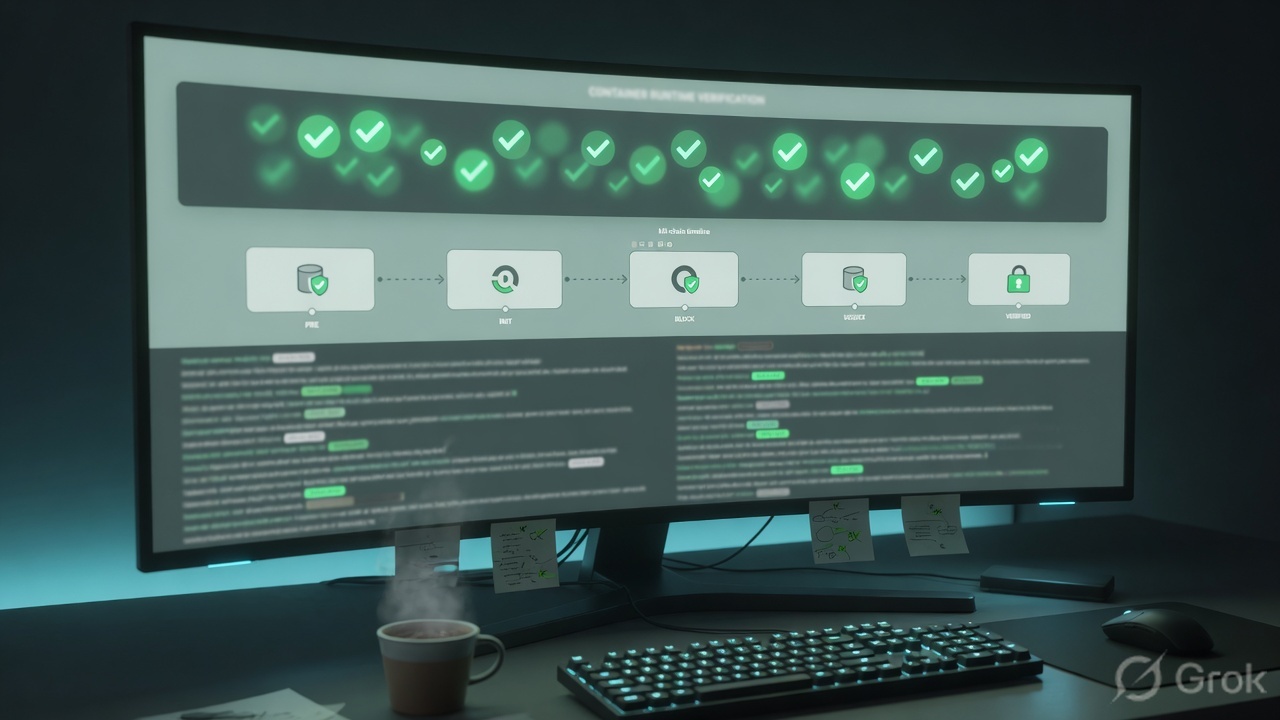 Analyst desk with a wide monitor showing green verification checks and a kill-chain timeline