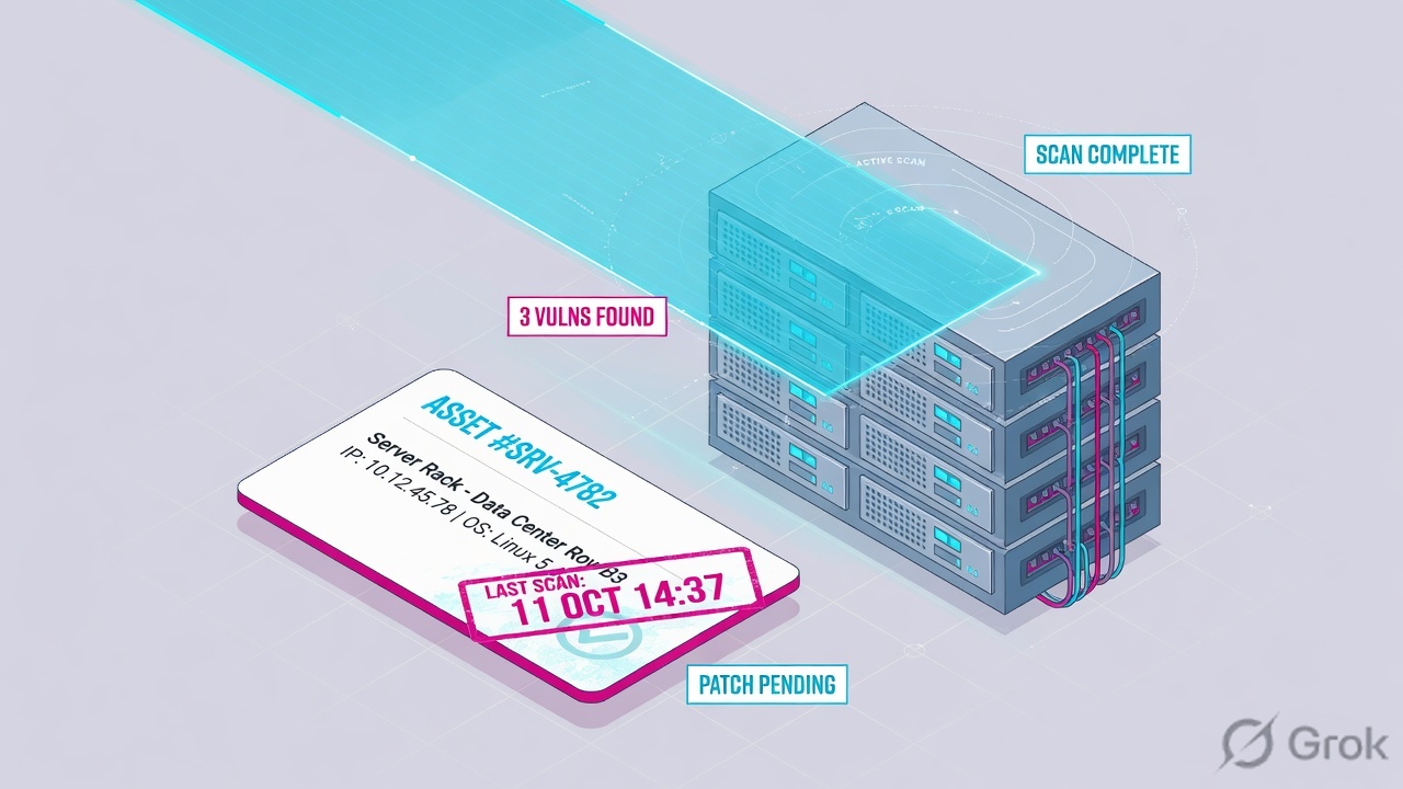 Teaches: Cloud Agent or scanner prints an asset ticket that walks the factory before VMDR stamps a QID