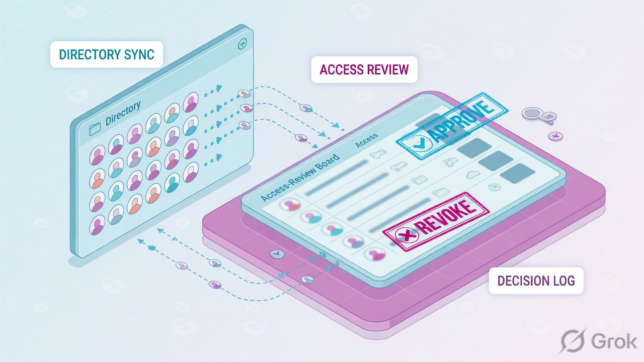 Directory sync feeding an access-review board that stamps Approve or Revoke into a decision log