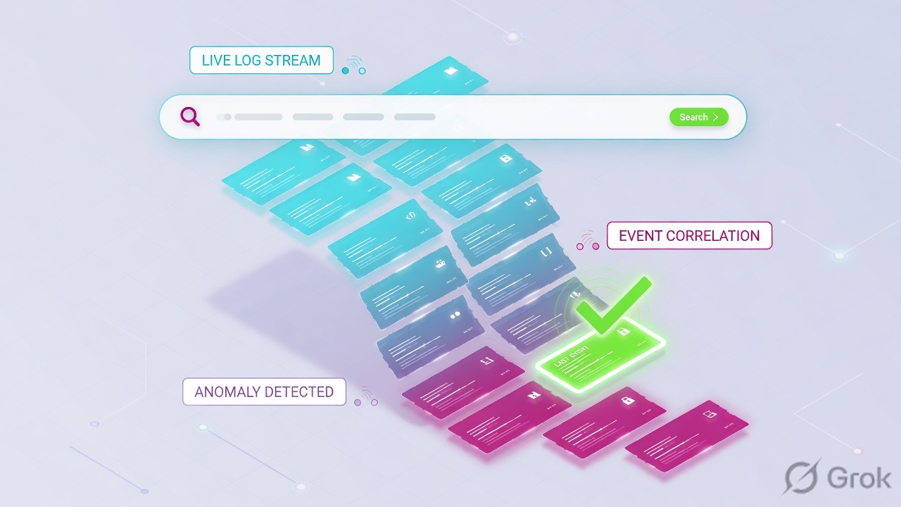 Teaches: a log stream becomes an event ticket that walks forwarder, index, search, then a notable