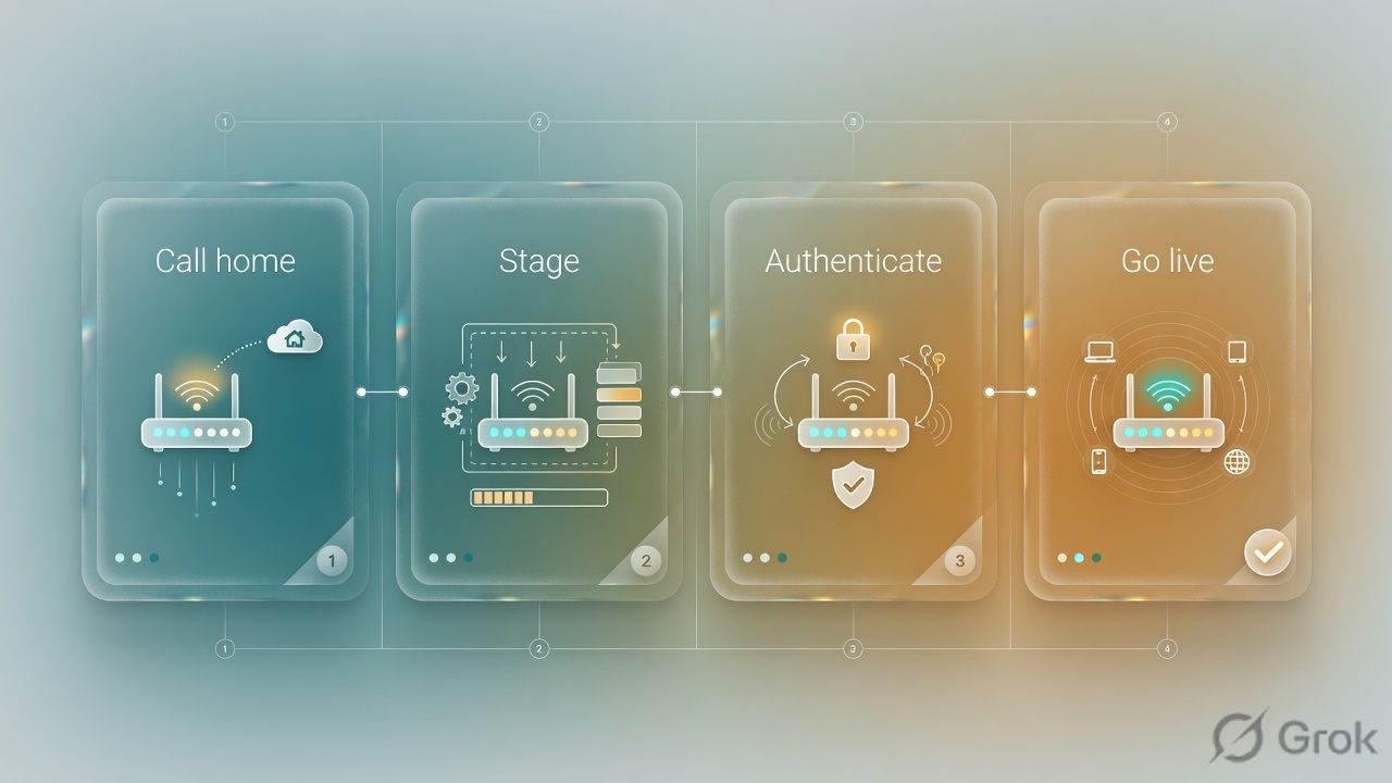 Four glass panels: call home, stage, authenticate, go live